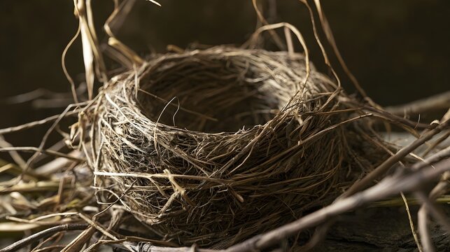 A close up of a bird s nest woven from twigs and grasses  resting among dry vegetation in soft natural light