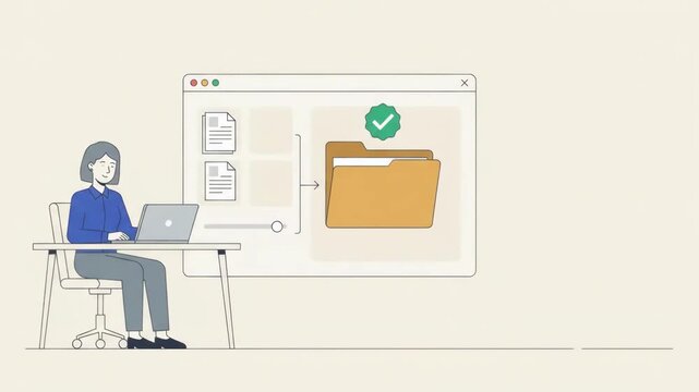 Corporate flat animation of a professional woman organizing digital files into a folder for efficient document management