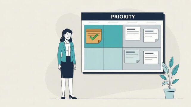 2D Flat Animation of Businesswoman Organising Tasks on a Priority Management Board