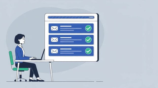 Flat 2D Animation of Businesswoman Working on Laptop with Digital Task Completion Interface and Progress Bar