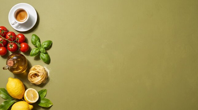 Minimalist Italian Food Flat Lay With Espresso Tomatoes Basil Pasta And Lemon On Olive Background