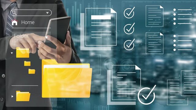 Businessman using modern technology to manage documents and data in a digital workspace, with a futuristic interface and various file icons displayed on screen Gluon.