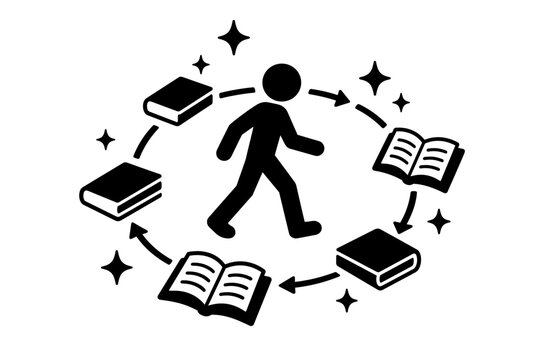 Stick Figure Walking Along a Circular Path of Books Representing Lifelong Learning and Continuous Education