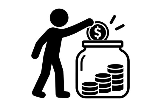 Stick Figure Placing a Coin in a Savings Jar Representing Future Financial Security