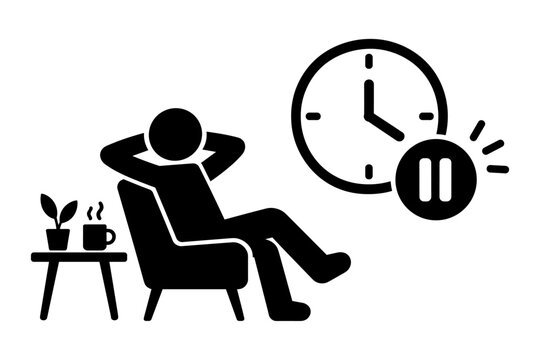 Stick Figure Taking a Break Beside a Clock and Pause Symbol Representing Work Life Balance and Stress Relief