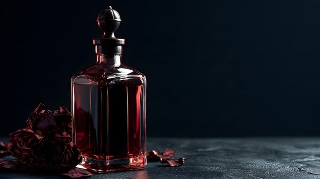 Vintage decanter with red essence and dried rose petals in dramatic dark lighting