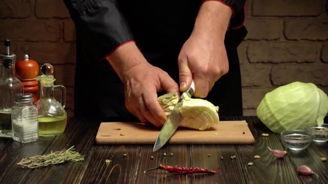 Cook slicing a cabbage wedge with a kitchen knife on a wooden cutting board surrounded by herbs, garlic, spices, oil bottles, and a whole cabbage in a rustic kitchen