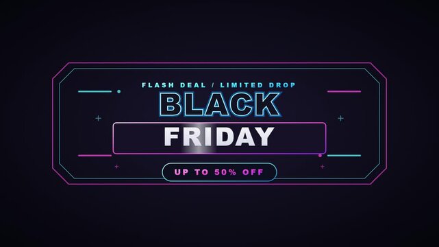 Black friday neon banner template, sale promo graphic with flash deal text