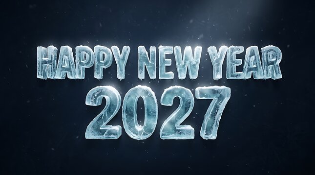 Happy New Year 2027 ice typography lettering on a dark blue textured background