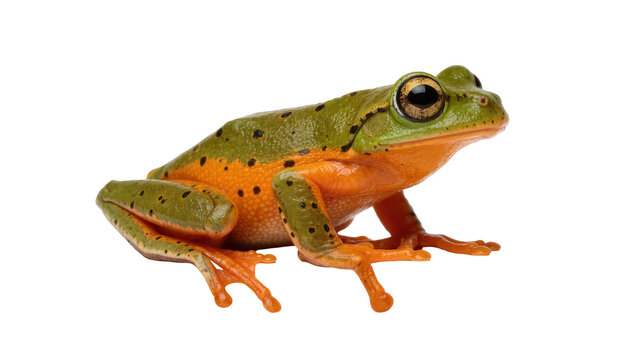 Green and orange spotted frog sitting, isolated on transparent background
