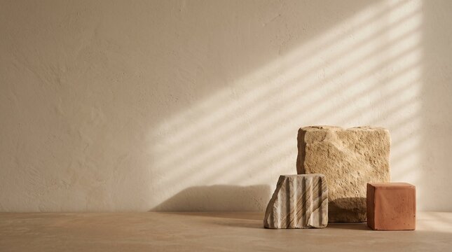 Biophilic design tactile moodboard banner, raw sandstone block ribbed dolomite fragment and terracotta cube on table against warm beige limewash wall with sunlight blinds shadow and vast copy space 