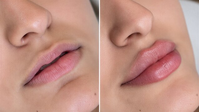 Before and after lip augmentation by injection, showing fuller lips and clear contours in a closeup collage of a woman's lower face, illustrating cosmetic treatment and changes in lip volume and shape