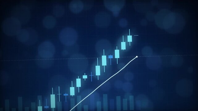 Closeup financial chart with uptrend line candlestick graph in stock market on blue color monitor background
