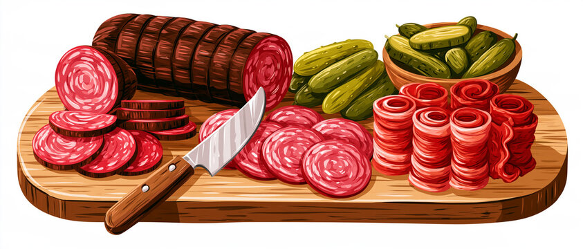 Banni&egrave;re charcuterie artisanale : planche avec salami tranch&eacute;, viande s&eacute;ch&eacute;e, cornichons et couteau de boucher, isol&eacute;e sur fond blanc