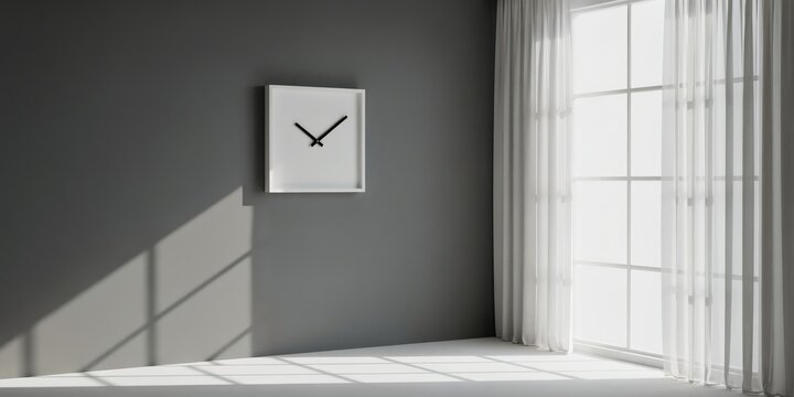 Square wall clock on a dark gray wall next to a window with sheer curtains