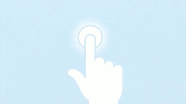 Animated touch screen hand icon pressing and clicking digital interface button with glowing light effect