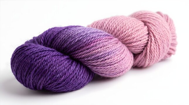 Soft gradient purple and pink yarn skein, natural wool fiber hank for knitting and crochet craft projects, colorful textile thread supply isolated on White Background