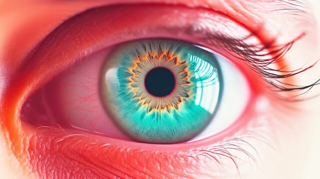 Extreme macro photorealistic cinematic footage of a beautiful human eye with a vibrant teal-green iris
