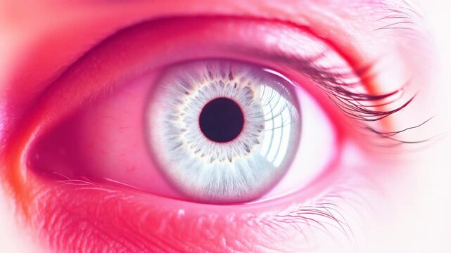 Extreme macro photorealistic cinematic footage of a beautiful human eye with an icy silver-blue iris
