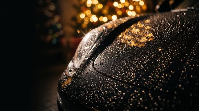 Car Detailing Hydrophobic Coating Rain Drops On Black Car Hood With Christmas Lights Bokeh