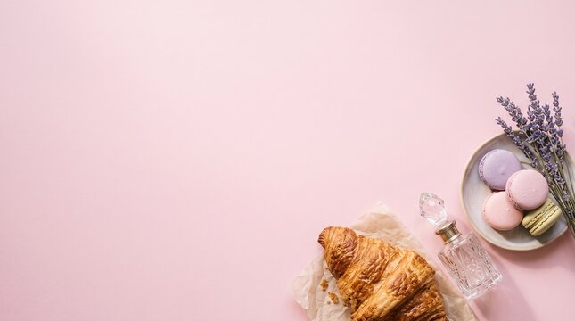 French Breakfast Flat Lay With Croissant Macarons Perfume And Lavender On Pink Background