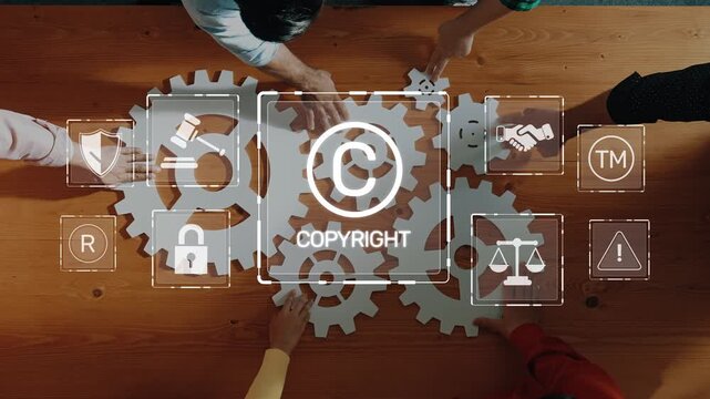 A top-down view of a diverse team collaborating around a wooden table with gear motifs, symbolizing the concepts of copyright and legal protection in a modern workspace. Raster