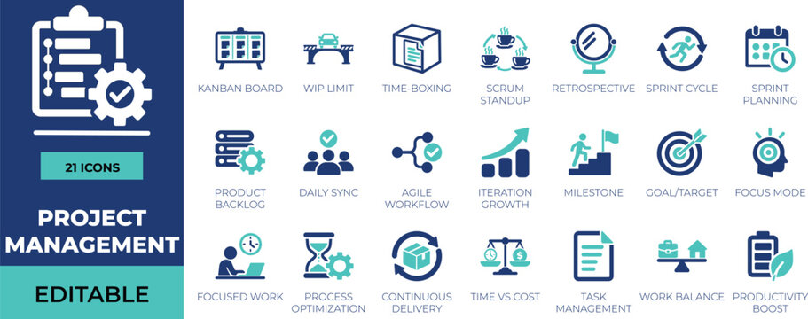 Project management solid icon set. Featuring kanban board, sprint planning, agile workflow, scrum, and backlog. Vector icons for corporate presentations, business reports, and task app UI.