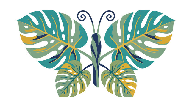 A beautifully detailed butterfly illustration creatively designed from lush tropical monstera leaves in varying shades of vibrant teal yellow and fresh green
