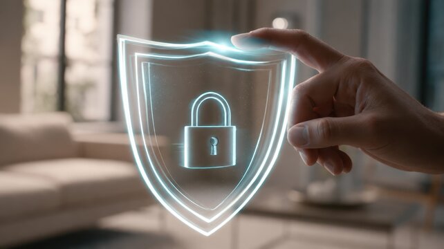 Hand touching a glowing holographic shield with a padlock symbol for digital security and data protection