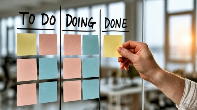 Hand placing a sticky note on a glass kanban board with to do doing and done columns in a modern office
