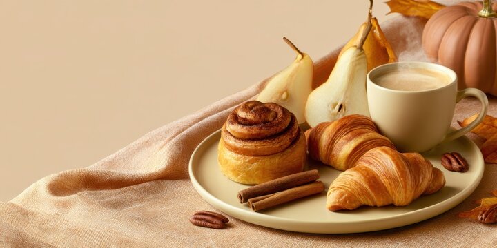Cozy autumn breakfast with croissants cinnamon roll coffee pears and pumpkins on a warm beige background with copy space