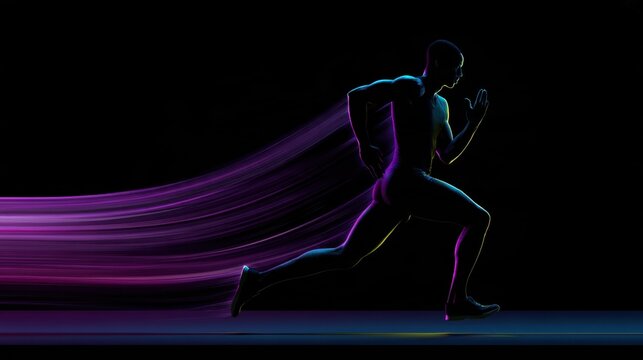 Athletic male runner sprinting to the right with purple neon motion trails and blue rim lighting on a black background