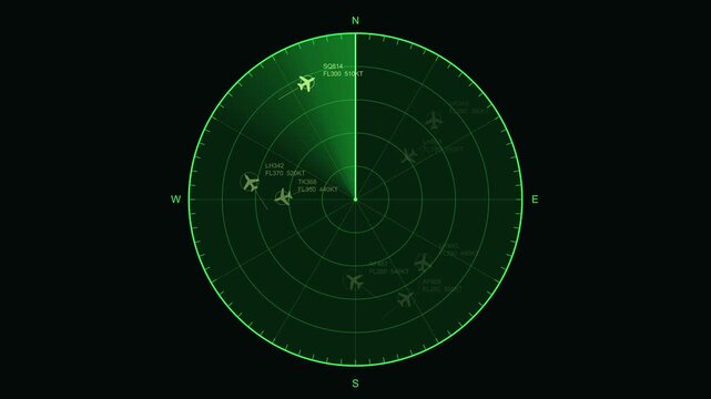 Green radar screen scanning aircraft flight paths in dark airspace a military aviation display tracking multiple airplane targets with sweeping scanner line
