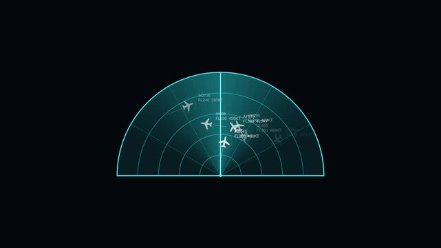 Radar scope scanning aircraft positions in cyan color scheme a semi circular display monitors flight paths in a aesthetic screen monitor aviation airplane