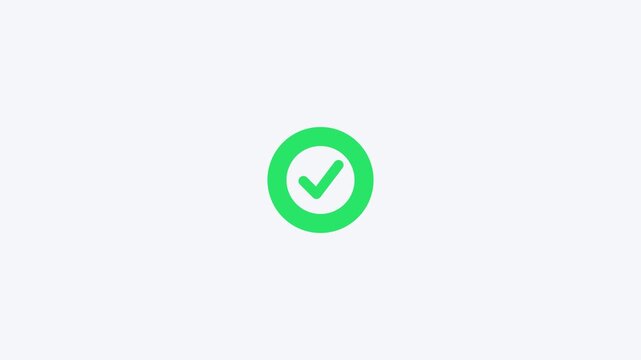Green circular check mark symbol on white background graphic featuring a centered inside a solid circle on checkmark approval success completion motion