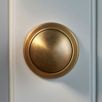 Vintage brass doorbell push button on a white door close up  