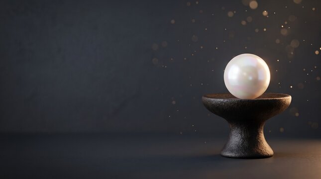 Luminous White Pearl Resting On Small Dark Altar Stand With Golden Sparkles And Dark Background