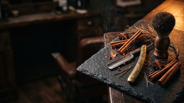Upscale Barbershop Christmas Gift Concept Straight Razor Shaving Brush And Cinnamon Spices On Slate