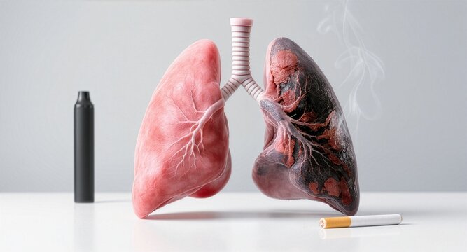 Healthy pink lung compared with dark damaged smoker lung affected by traditional tobacco cigarette and modern electronic vape, 3D rendering medical concept