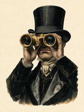 Victorian gentleman in black top hat looking forward through golden brass binoculars, vintage engraving portrait illustration of 19th century gentleman detective observer or steampunk inspector