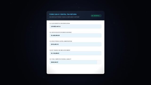 Interactive Digital Tax Form 1040 Interface Motion Graphic Showing Secure Financial Data Processing and Verified IRS Compliant Status on Dark Background