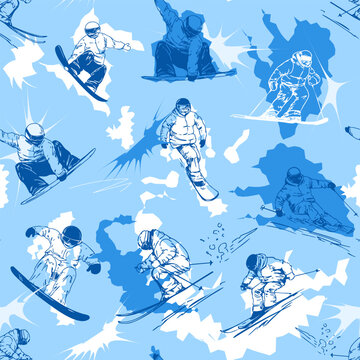Hand drawn winter sports seamless pattern. Vector active skiers and snowboarders characters on blue abstract background.