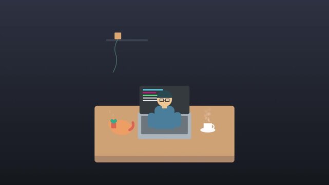 This minimalist flat vector animation features a programmer working diligently at a wooden desk, illuminated by a soft overhead light