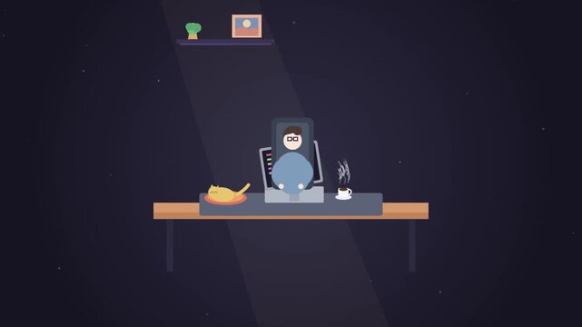 A clean minimalist flat vector animation featuring a programmer wearing glasses working at a computer on a wooden desk