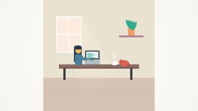 Minimalist flat vector animation depicting a person working at a laptop on a long wooden desk inside a cozy home office setting