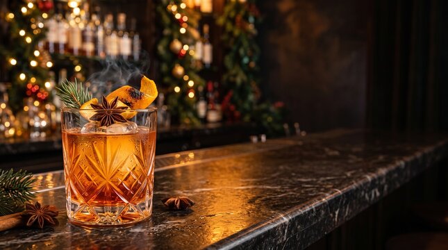 Festive Old Fashioned Cocktail With Bourbon Orange Peel And Star Anise In Christmas Bar