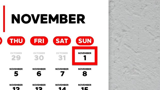 Red cursor highlighting November 1st on a 2026 wall calendar page. European calendar style, Monday start week layout