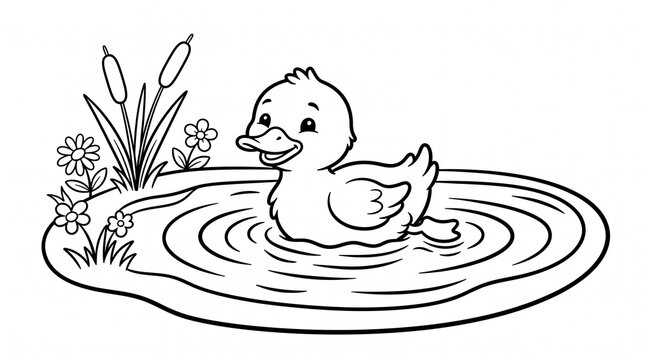 Little duckling swimming in a pond with cattails and flowers, black and white line for a children coloring book page activity