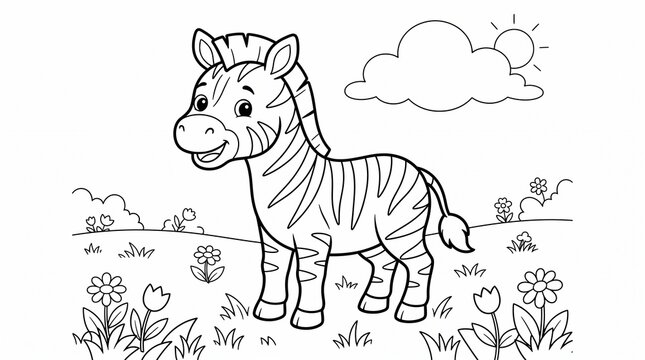 A cute little zebra standing in a meadow with flowers, a cloud, and the sun, black and white line coloring page for children, nature scene