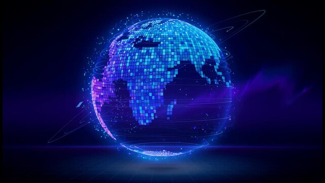 Digital globe with glowing blue pixels and futuristic technology network background